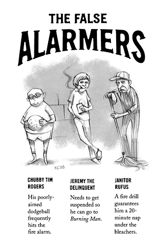 An unlikely team of experts specializing in setting off the fire drill. Chubby Tim Rogers: His poorly-aimed dodgeball frequently hits the fire alarm. Jeremy The Delinquent: Needs to get suspended so he can go to Burning Man. Janitor Rufus: A fire drill guarantees him a 20-minute nap under the bleachers. The False Alarmers